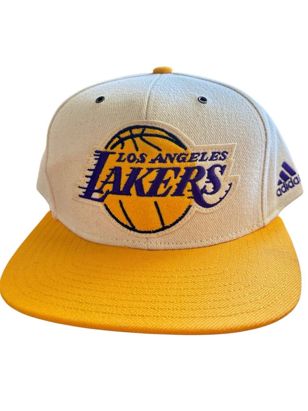 Adidas Los Angeles Lakers Snapback Hat Cream and Yellow and purple under brim